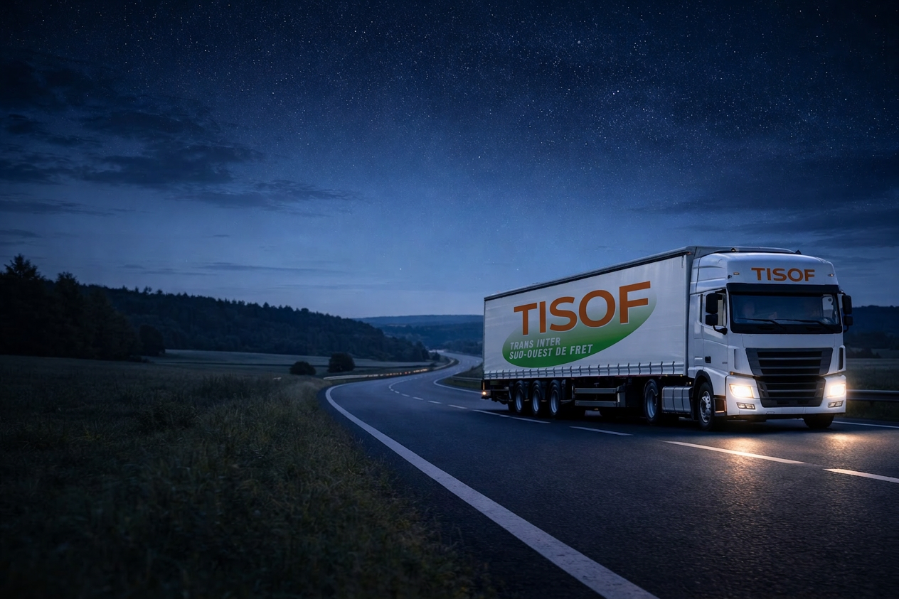 Camion TISOF sur route européenne au coucher du soleil